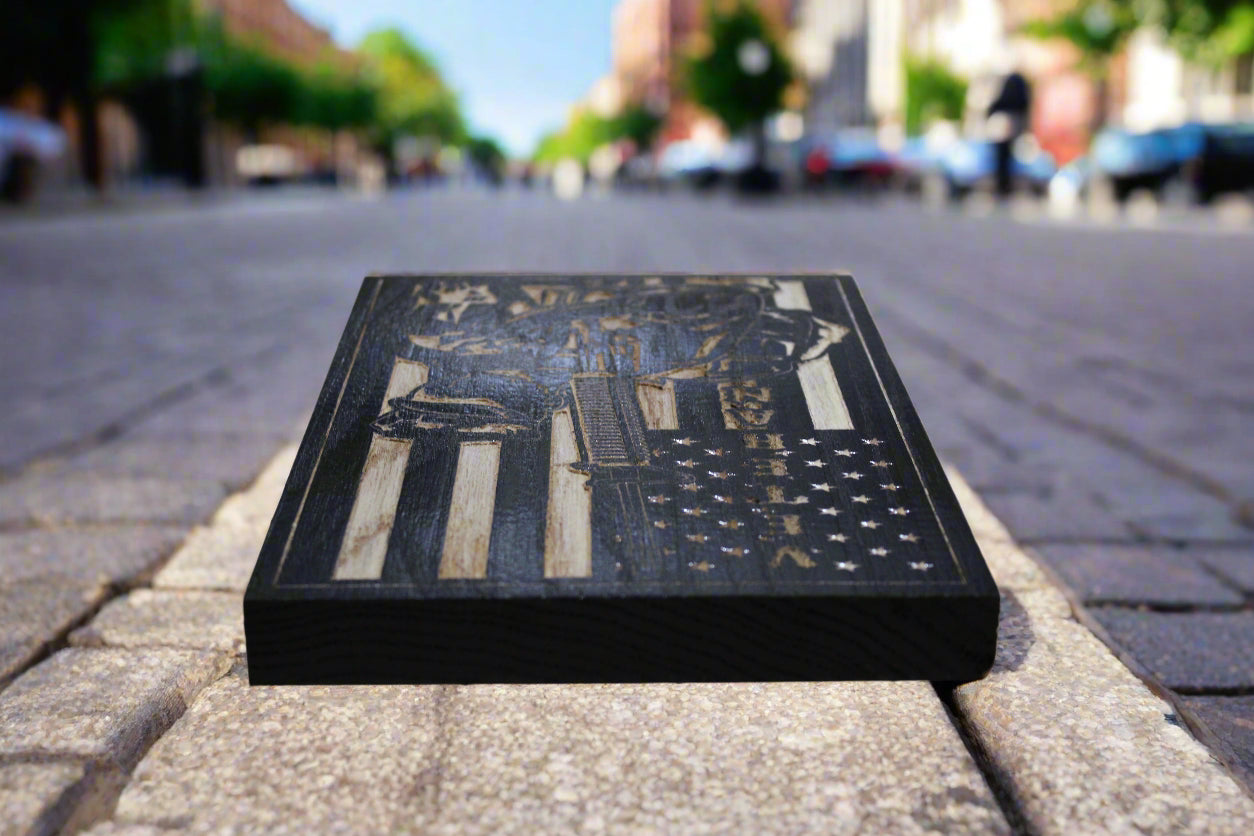 Carved wood veteran flag