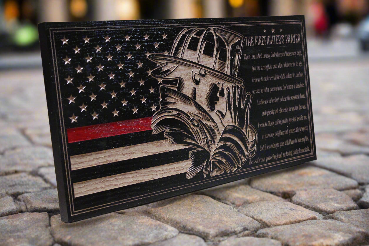 Carved Wood Firefighter Flag