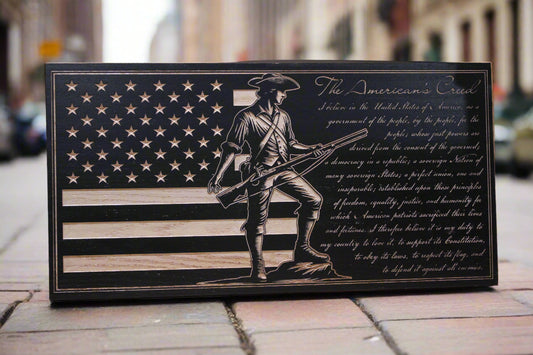 Carved American Creed Wood Flag