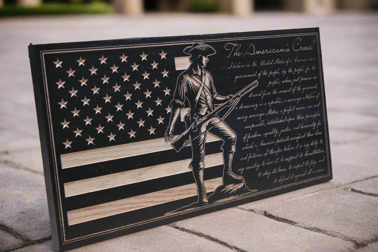 Carved American Creed Wood Flag