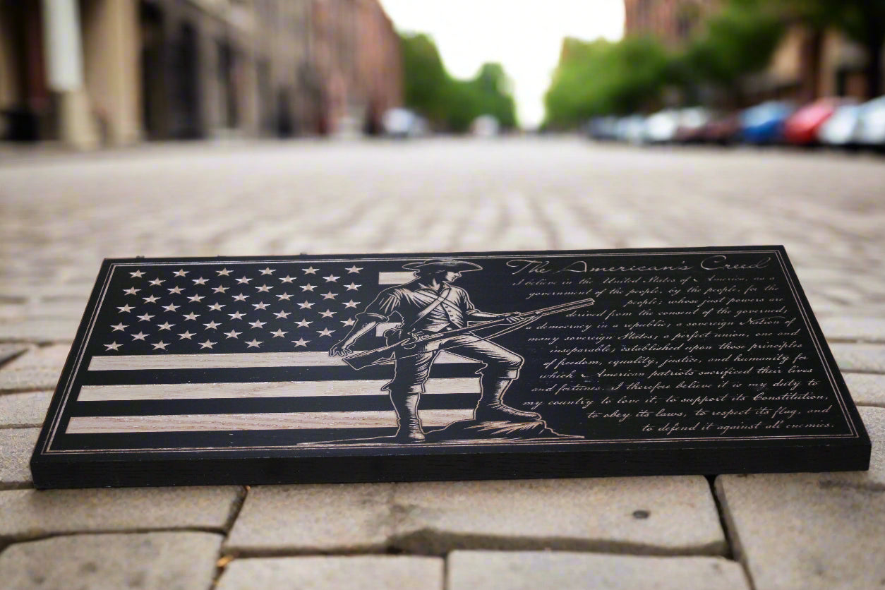 Carved American Creed Wood Flag