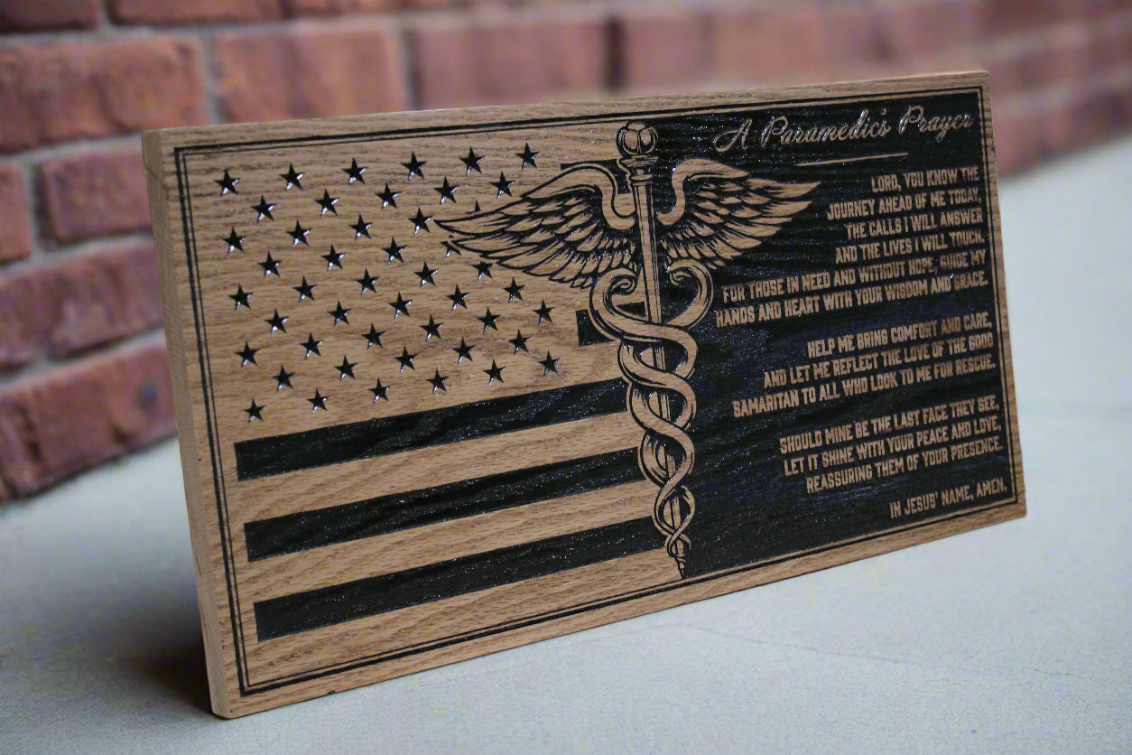 Carved wood paramedics prayer flag