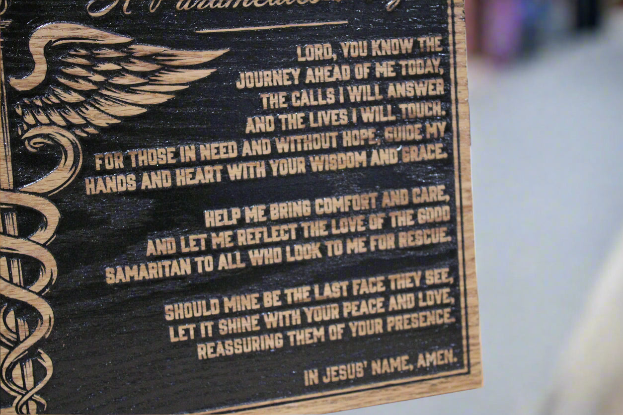 Carved wood paramedics prayer flag
