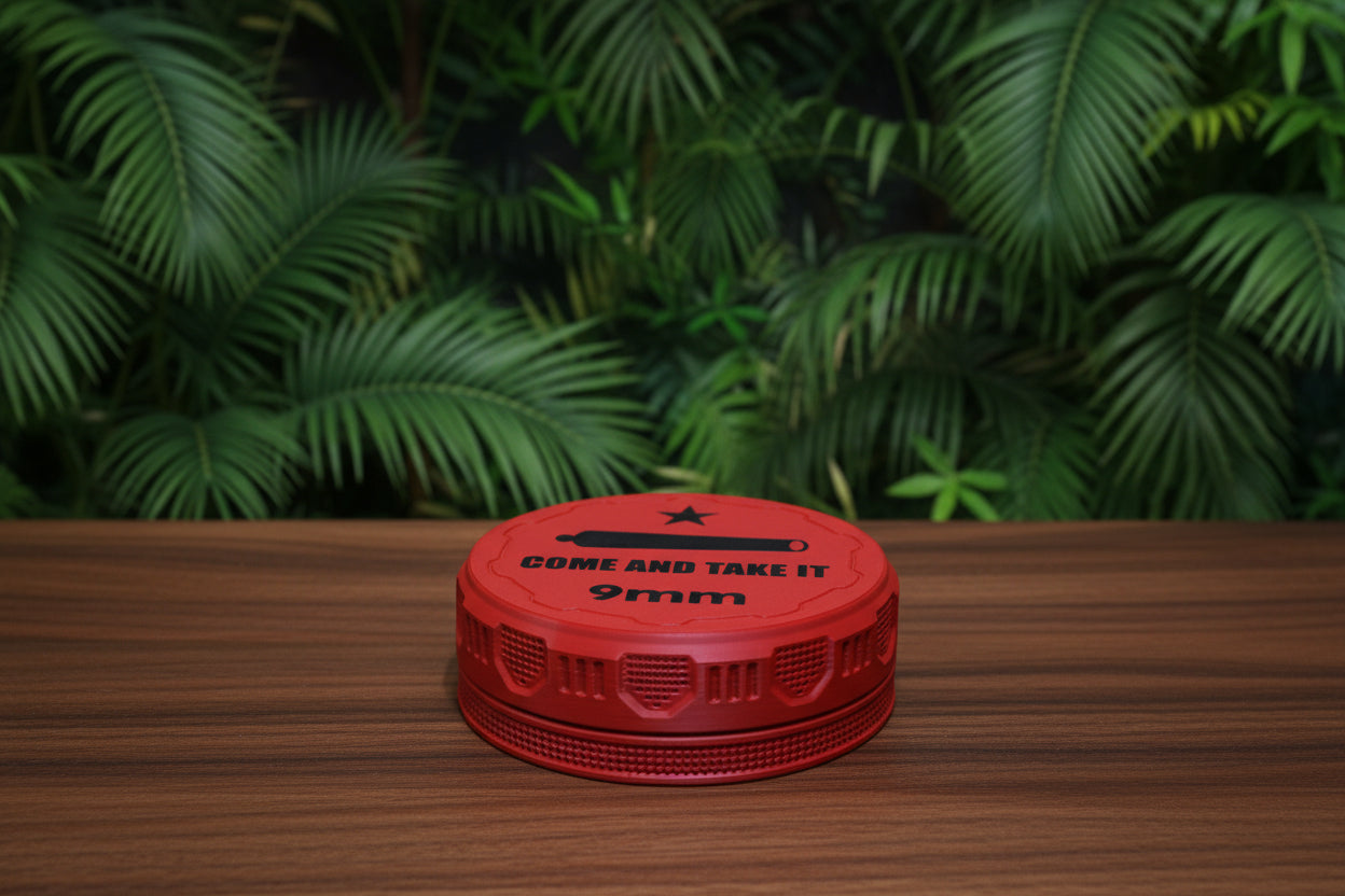 Customizable and Stackable 9mm Ammo Container with Come And Take It Decorative Lid Proudly Made in America