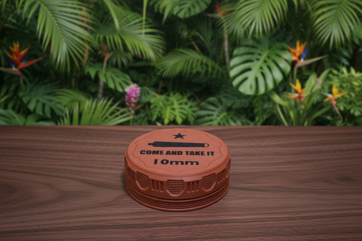 Customizable and Stackable 10MM Ammo Container with Come And Take It Decorative Lid Proudly Made in America
