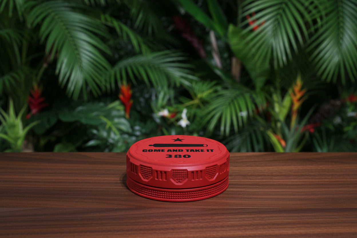 Customizable and Stackable .380 Ammo Container with Come And Take It Decorative Lid Proudly Made in America