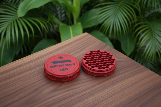 Customizable and Stackable .380 Ammo Container with Come And Take It Decorative Lid Proudly Made in America