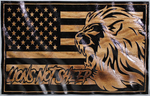 Small wavy Lions Not Sheep Wood Flag