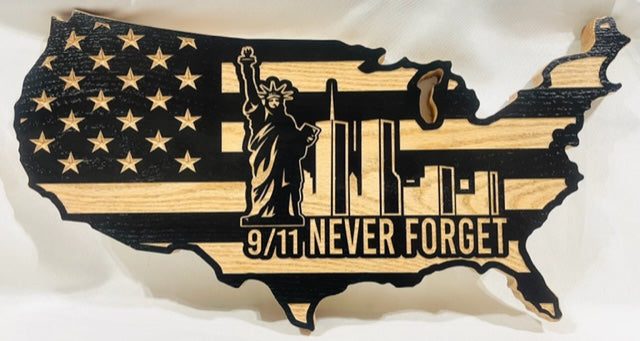 Carved 9/11 Memorial US Shaped Flag